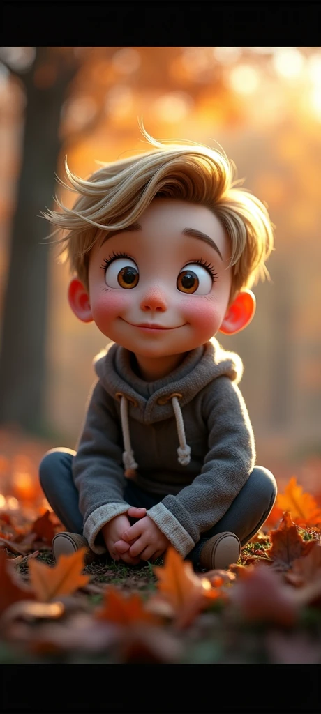  close-up of man ,  sitting on leafy ground, 🍁 Cute, 🍂 Cute, Cute detailed digital art,  detailed big eyes , Cute digital art, Realistic beautiful big eyes, Adorable digital drawing , Cute 3 d render, Cute cartoon character, big Cute eyes, Cute cartoon,  Pixar portrait 8k photo , Cute large eyes,  animated film ,  beautiful blond big eyes 