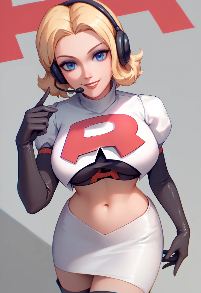 The face of Beyonce, 1girl, solo, Team rocket, team rocket uniform, red letter R, white skirt,white crop top,black thigh-high boots, black elbow gloves, headset, large breasts, sexy pose, smile