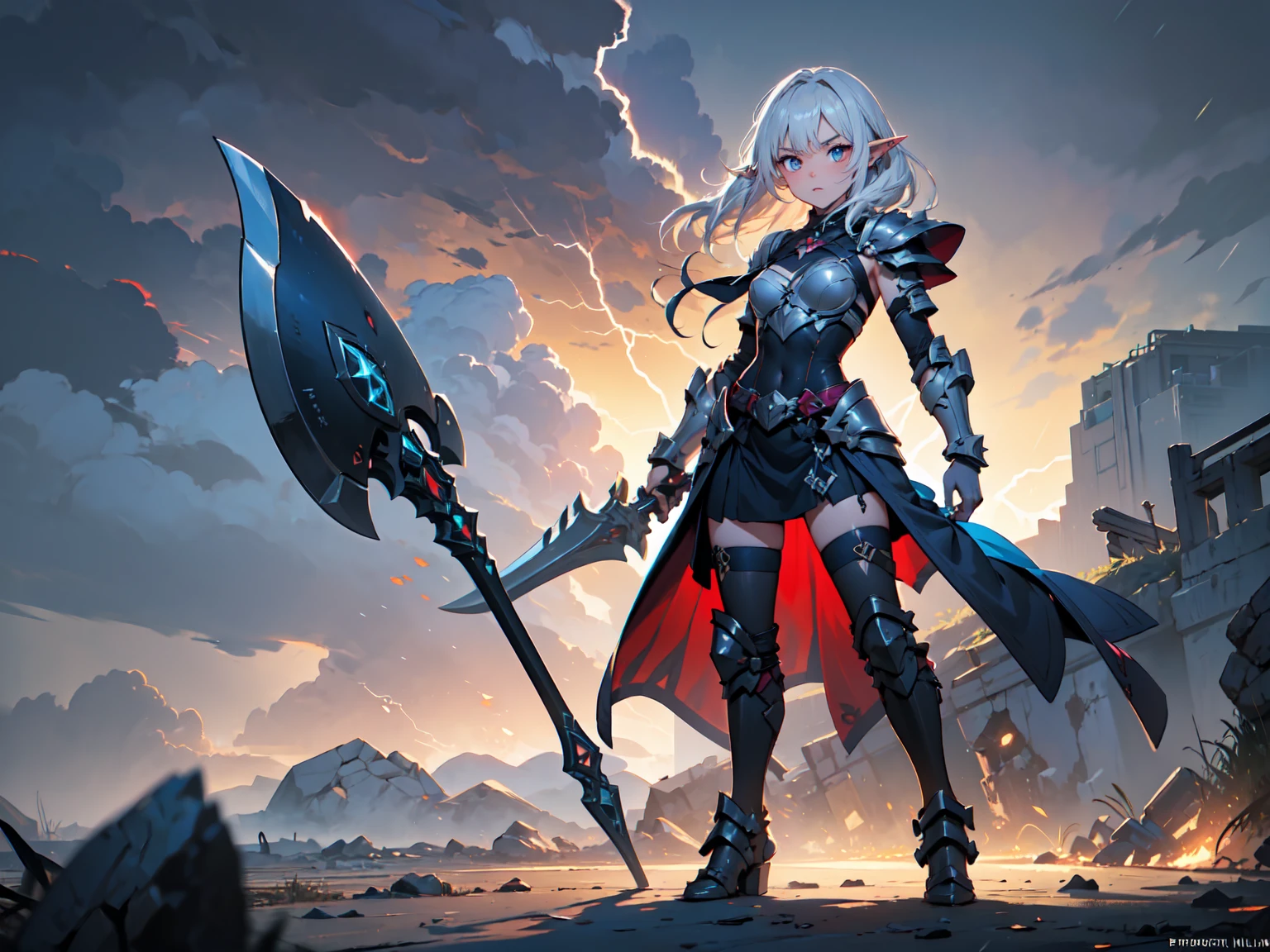 Design a layout showcase Gaming character, (1girl). Golden+Purle clothes, stylish and unique, ((showcase weapon:1.4)), magic staff, (masterpiece:1.2), (best quality), 4k, ultra-detailed, (Step by step design, layout art:1.5), (luminous lighting, atmospheric lighting), magican, ((glove full hands)), (((revealing clothes:1.3))), vambraces, armored legwear, (((full_body_shot:1.4)))
