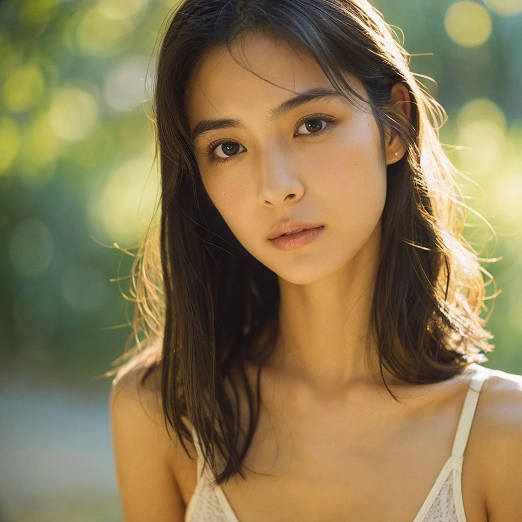 lens: 135mm f1.8,(Highest quality), (Beautiful  Japanese girl),  (Moist lips), Narrow eyes, double eyelid,Delicate clavicle,Flat Chest,Shortcuts,
 (Let me&#39;Let&#39;s take another look), (close:1.4),  shame, A faint smile,
(Spotted sunlight:1.2), Professional Lighting, 
(Completely naked), (Sunburned skin:0.2),Full body photo、Full Body Focus