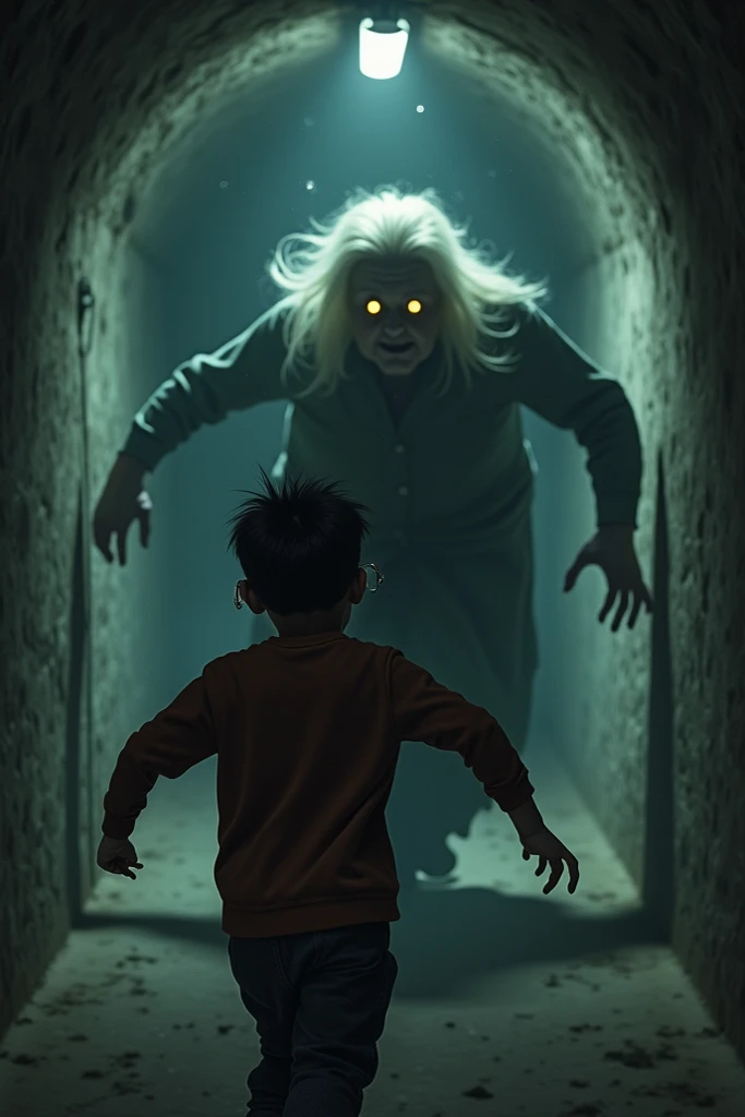 create a creature that looks like a horrifying woman slowly rising, with big nails, revealing his deformed face with a sewn mouth and deep-set eyes in an abandoned and old house attacking three teenage boys