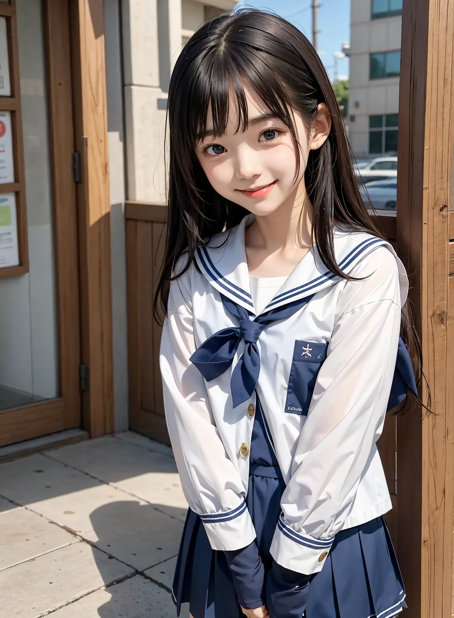 (masterpiece, highest quality:1.2), 8k, official art, RAW photo, incredibly absurd, ( sailor suit, serafuku:1.4), amazing beautiful girl, amazingly cute face, (navy pleated skirt:1.1), close, school uniform, short sleeve, gardenia, violaces, teen, street, looking at the viewer with a smile, no makeup, film grain, chromatic aberration, sharp focus, face light, dynamic lighting, cinematic lighting, detailed eyes and face,short hair、 background bokeh、super slim thighs、((Erotic Panties are showing through、beautiful pussy line:1.1))、(High twin tails with ribbons:1.4),,(((A child with an extremely cute young face:1.35))), 、(very young  with big breasts:1.2)