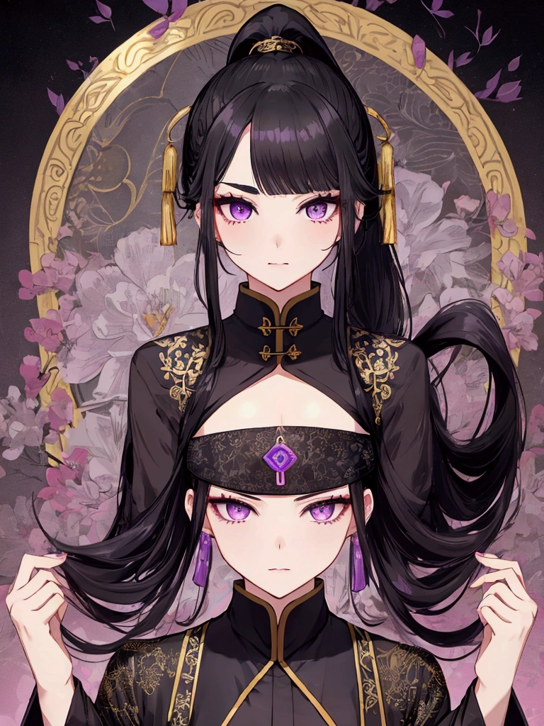 (Top resolution、Distinct_image)top-quality、female 、masterpiece、highly detailed、Semi-realistic、purple eyes 、18year old、young、cool clothing、Exquisite facial features、Facial features ,variations, potrait, a bar background, Black hair , long straight hairstyles, wear black suits, Mafia , yakuza, criminals , badass, Japanese tattoos on the arm