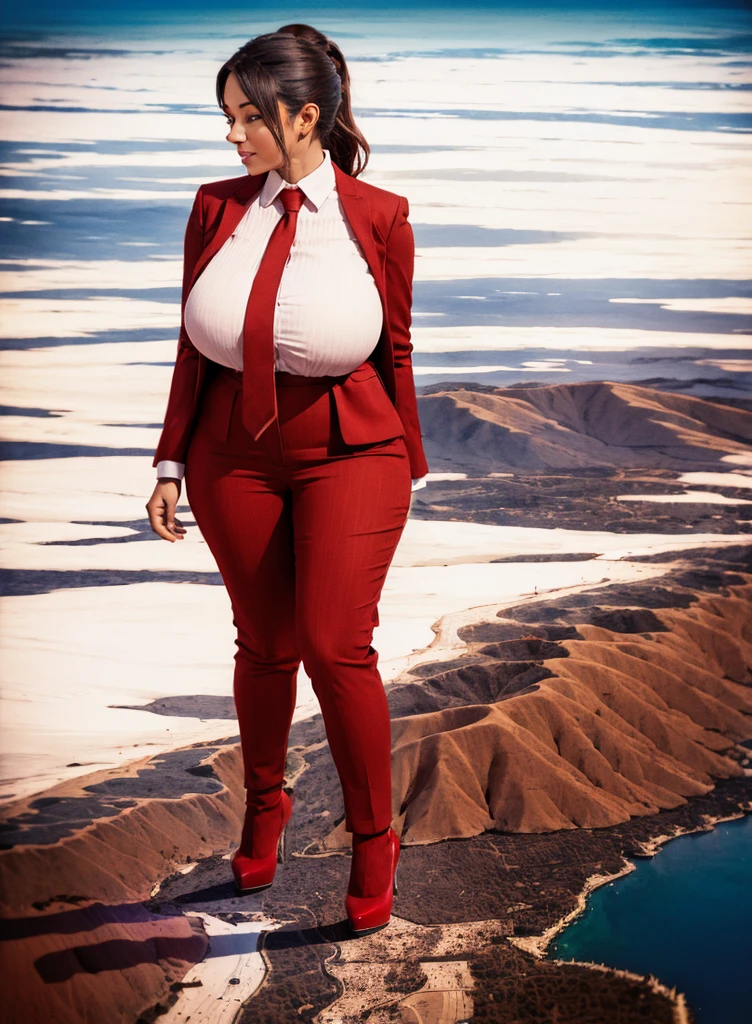 Giantess art 1:4, highly detailed giantess shots, giant bbw woman full body view, giga giantess, giantess art massive compared to a city,  huge breasts, light crimson pinstriped suit white tailored shirt done up thick and very large Windsor knot navy blue tie Has ponytail   Wearing a pair of  red platform heels Professional attire A look of enjoyment, Beautiful appearance, smile,  (view from the ground)giga goddess, full body view, stepping on skyscarpers