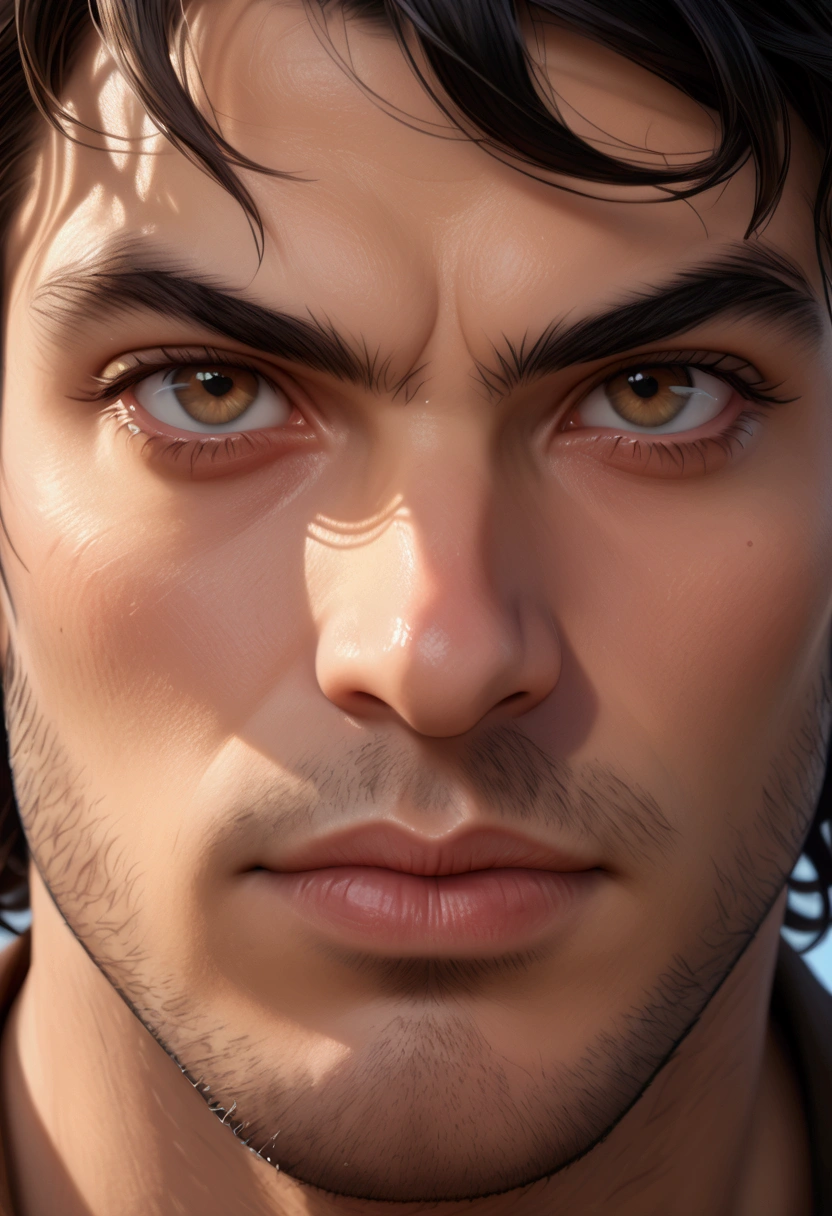 a tall man, fair skin with eyebags, black hair with blue highlights, semi-long wavy hair, light brown eyes, peachy lips, slightfurrowed eyebrows, slight perspective, (best quality,4k,8k,highres,masterpiece:1.2),ultra-detailed,(realistic,photorealistic,photo-realistic:1.37),portrait,dramatic lighting,warm color tones,high contrast