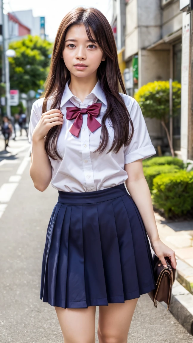 a beautiful 18 year old Japanese high school girl with perfect anatomy, healthy thighs, beautiful legs, beautiful skin, random hair color and style, large breasts, (wearing a Japanese schoolgirl uniform:1.3), holding a student bag, full body shot, standing on a city street, (best quality,4k,8k,highres,masterpiece:1.3),(extremely detailed:1.2),photorealistic,ultra-detailed,vivid colors, studio lighting, professional, sakuradahiyori