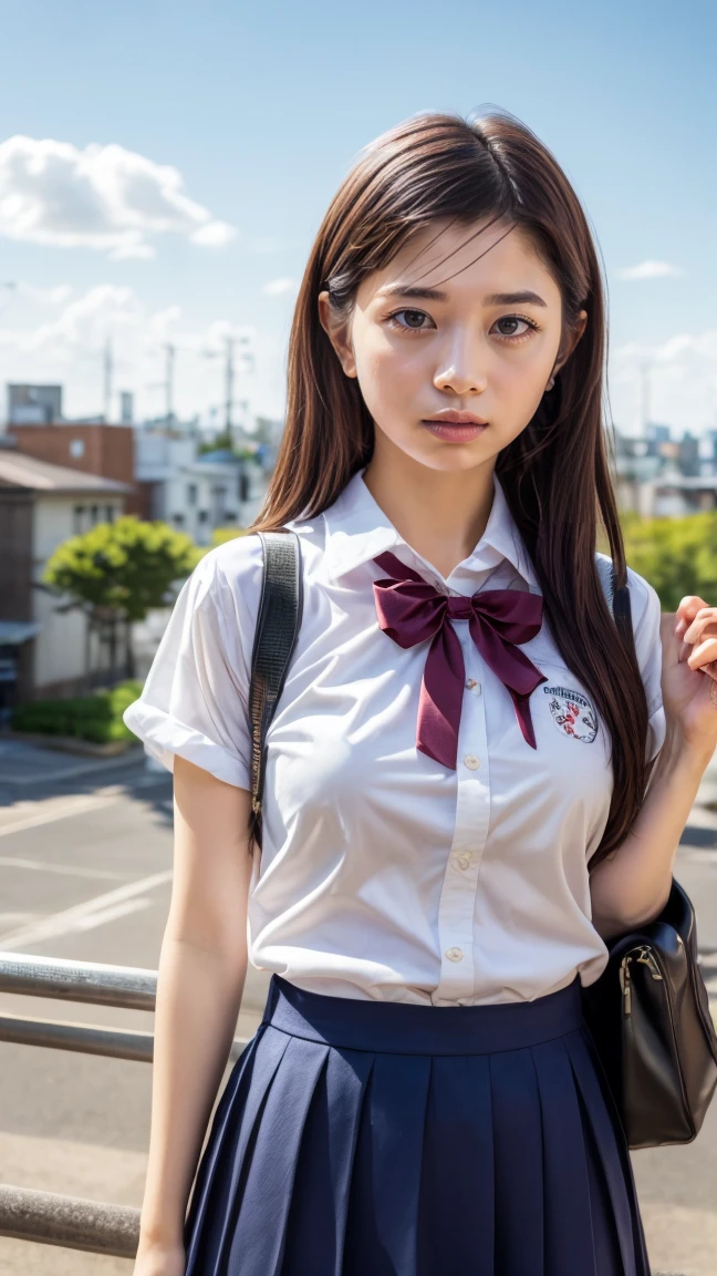 a beautiful 18 year old Japanese high school girl with perfect anatomy, healthy thighs, beautiful legs, beautiful skin, random hair color and style, large breasts, (wearing a Japanese schoolgirl uniform:1.3), holding a student bag, full body shot, standing on a city street, (best quality,4k,8k,highres,masterpiece:1.3),(extremely detailed:1.2),photorealistic,ultra-detailed,vivid colors, studio lighting, professional, sakuradahiyori