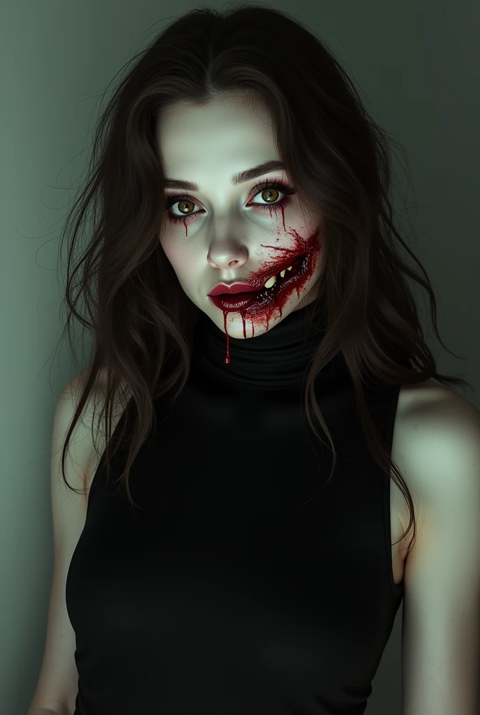 Generate a chaotic, expressionistic portrait using dark hues. young zombie gothic woman of 2 with half of her face rotted with green cream, you can see the bones, pieces of human flesh, worms crawling on her face,, the bones showing with long straight black hair, ray tracing, jpeg artifacts, multiple views, UHD, masterpiece, accurate, textured skin, high details, award winning, highres, 16k, best quality