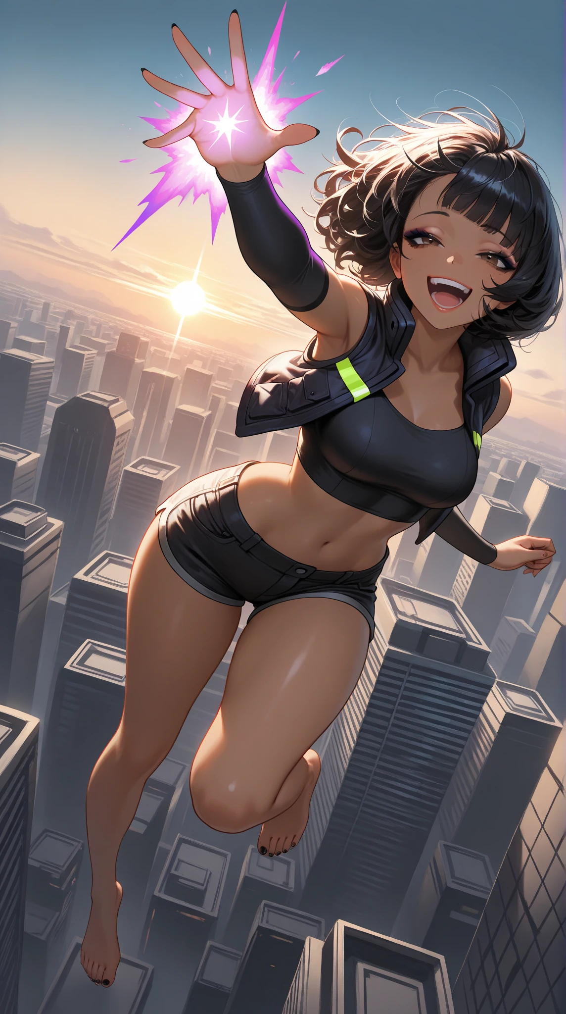 8k, (masterpiece), best quality, perfect face,perfect body, 1 woman, 1female, solo,detailed skin, tan skin, 1girl, solo, black hair, bangs, (laugh), curvy, brown eyes, half closed eyes, black hair, bob cut, curly hair, messy hair, side bangs, medium breasts, , dark-skinned female, dark skin, ((crop top vest)), shirt casual, badass, , beautiful face, mascara, black eyeliner, lips, mid air,  (bare-foot), black toes nailed, dynamic angle ,laughing, focus feet, toes nailed,  highres, perfect body,((flying)),( crop top,shorts),(natural lighting),colorful,hd,(sience fiction), she is flying in the middle of the city, cyberpunk city sky, sunset, she looks powerfull with purple energy coming out of her,  jacket, 