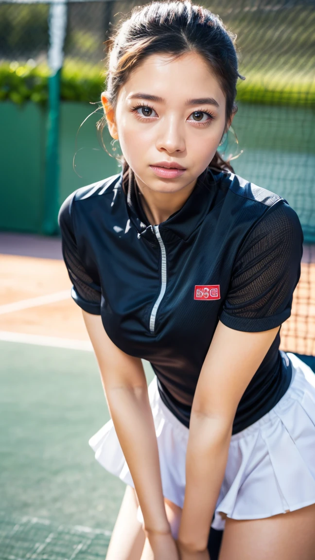 beautiful detailed eyes, beautiful detailed lips, extremely detailed eyes and face, long eyelashes, 1 girl, 18 years old, healthy thighs, beautiful legs, beautiful skin, random hair color, random hairstyle, large breasts, female tennis player, (tennis outfit:1.3), full body shot, shoes, (best quality,8k,ultra-detailed,masterpiece:1.3),realistic,photorealistic,photo-realistic:1.37,ultra-fine painting,vivid colors,physically-based rendering,professional,sakuradahiyori