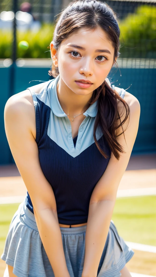 beautiful detailed eyes, beautiful detailed lips, extremely detailed eyes and face, long eyelashes, 1 girl, 18 years old, healthy thighs, beautiful legs, beautiful skin, random hair color, random hairstyle, large breasts, female tennis player, (tennis outfit:1.3), full body shot, shoes, (best quality,8k,ultra-detailed,masterpiece:1.3),realistic,photorealistic,photo-realistic:1.37,ultra-fine painting,vivid colors,physically-based rendering,professional,sakuradahiyori