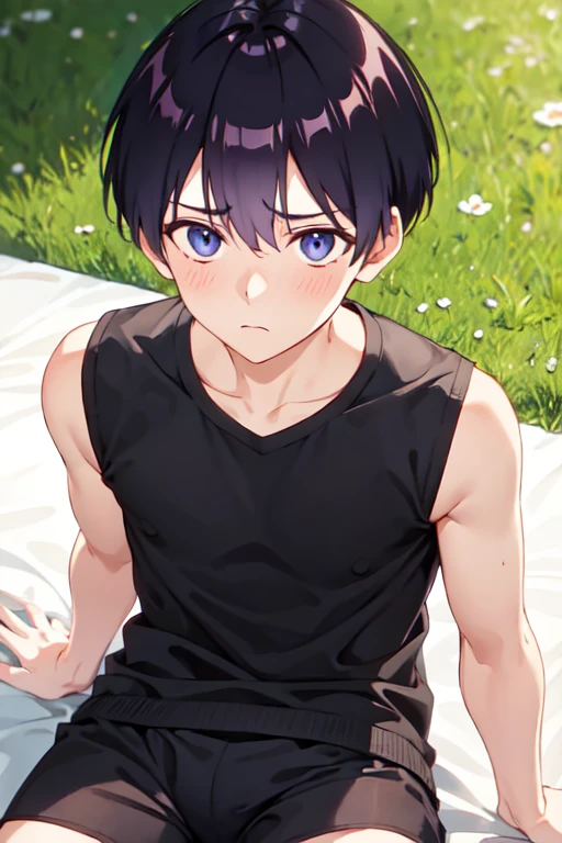 １５age　 one boy with w　 bed　Anxious expression　Black shorts　 black sleeveless shirt similar to field background