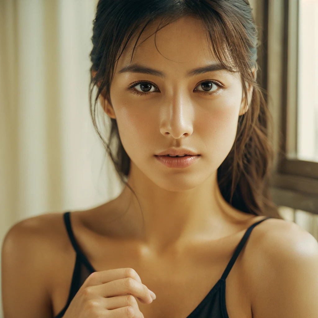 1 girl、超High resolution, retina, Accurate, masterpiece, Anatomically correct, Super Detail, Textured skin, Attention to detail, high quality, High resolution, 8k、Big double eyelids、nose、The focus is on the mouth、close-up focus on face、Woman with open mouth and closed eyes、30 years old、Brown Hair、Black Tank Top,(Oilskin)Orgasm and high energy,