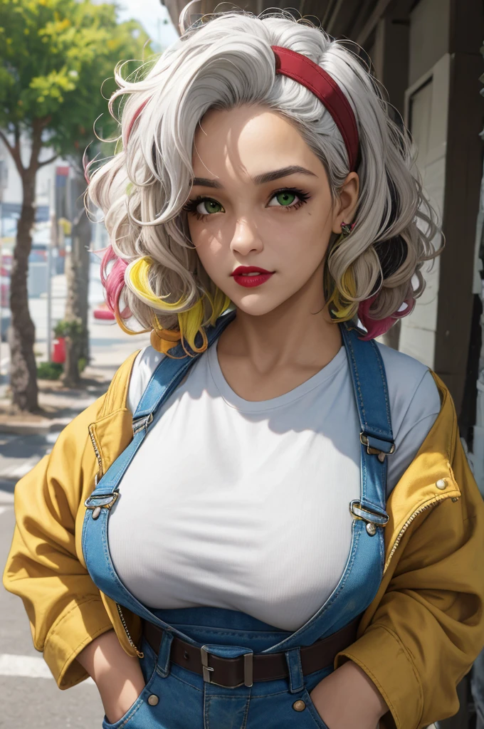 good anatomy,   masterpiece ,  best quality, bokeh effect,  depth of field ,  highres icon,  high quality , 1 ,
cartoon_x_human_ On your own ,ownwaifu,
long Hair,breasts,brown Hair, green eyes ,lipstick,makeup,lips,white Hair,two-tone Hair,headband,wavy Hair,large breasts,messy Hair,curly Hair,big_Hair, 
yellow OVERALLS,jacket,shezfe ,belt,yellow shezfe ,green OVERALLS,OVERALLS,multicolored OVERALLS,superhero, tight skin, multicolored clothes,  