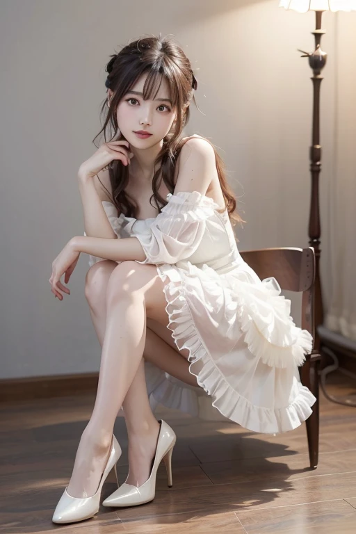  Japanese model woman is sitting on a chair wearing a dress and heels,  Elegant Dress ,  white and black dress ,   romantic dress, Rococo style ruffle dress ,  Feminine Girly Dress , wearing an  Elegant Dress ,   royal elegant pose , Wear a white dress 、 looking at the camera、Detailed and beautiful eyes、 cute smile、Soft and gentle relaxed expression 