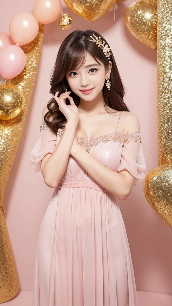 (((best quality))),(((ultra detailed))),(((masterpiece))),illustration,((1girl,solo)),(medium bob:1.2),(blone hair:1.2),((bright eyes,flawless skin)),((slim,thin)),((small breasts,flat chest)),(dog collar with a bell:1.2),(pink floral sheer dress:1.3),(slender legs:1.2),sweetheart neckline,innocent yet alluring,(In a pink princess theme bedroom:1.3),(sitting on colorful gift box:1.3),wonderful expression,big bows,festive atmosphere,balloons and streamers,sunlight streaming in,radiant smile,anticipation,joy and excitement,capturing a moment of pure happiness,((front,upper body))