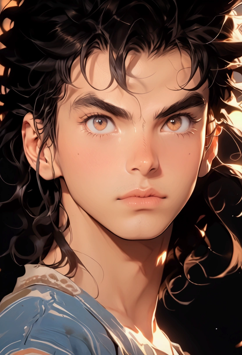 a tall boy, fair skin with eyebags, black hair with blue highlights, semi-long wavy hair, light brown eyes, peachy lips, slightfurrowed eyebrows, slight perspective, (best quality,4k,8k,highres,masterpiece:1.2),ultra-detailed,(digital anime drawing1.37),portrait,dramatic lighting,warm color tones,high contrast