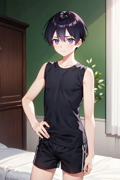 １５age　 one boy with w　 bedroom　Anxious expression　Black shorts　 black sleeveless shirt similar to field background