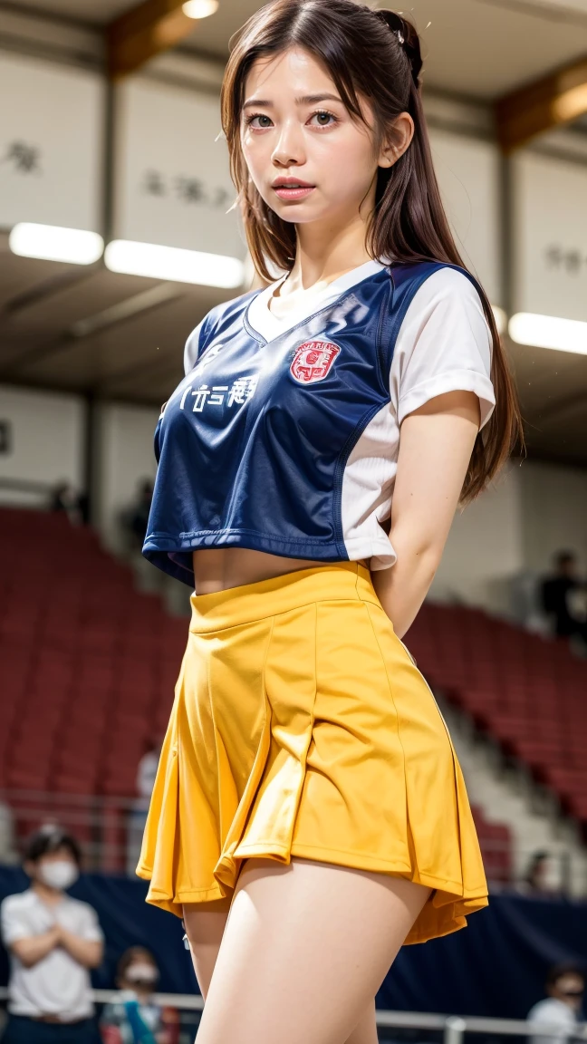 A beautiful young Japanese woman, 20 years old, with perfect anatomy, healthy thighs, beautiful feet, flawless skin, random hair color and style, large bust, wearing a cheerleader uniform with micro-pleated miniskirt, in a full-body shot, standing in a stadium, (best quality,4k,8k,highres,masterpiece:1.3),(extremely detailed:1.2),sakuradahiyori