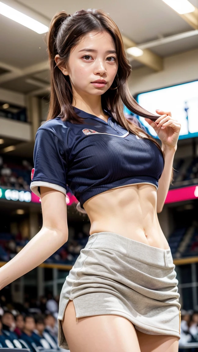 A beautiful young Japanese woman, 20 years old, with perfect anatomy, healthy thighs, beautiful feet, flawless skin, random hair color and style, large bust, wearing a cheerleader uniform with micro-pleated miniskirt, in a full-body shot, standing in a stadium, (best quality,4k,8k,highres,masterpiece:1.3),(extremely detailed:1.2),sakuradahiyori