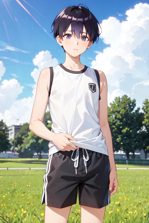 １５age　 one boy with w　 bedroom　Anxious expression　Black shorts　 black sleeveless shirt similar to field background