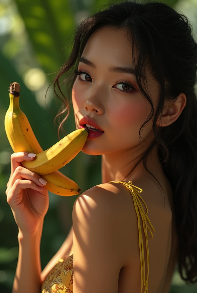 A very strong banana fighting an apple anime style very serious killers
