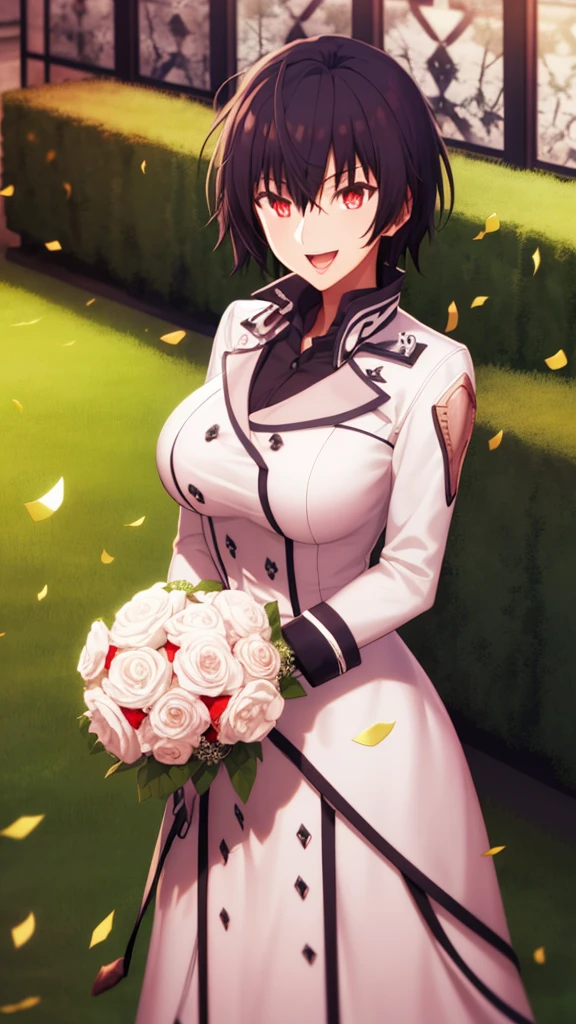 masterpiece, best quality, girl, solo, looking at viewer, anos_voldigoad, black hair, red eyes, large breasts, wedding Dress, standing, garden, confetti, holding bouquet, smile, open mouth,