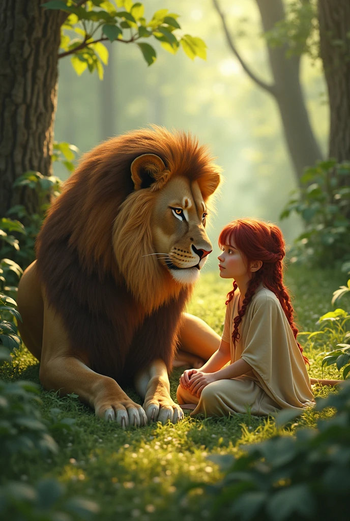 (photorealism:1.2), a lion sitting on bench with a girl
