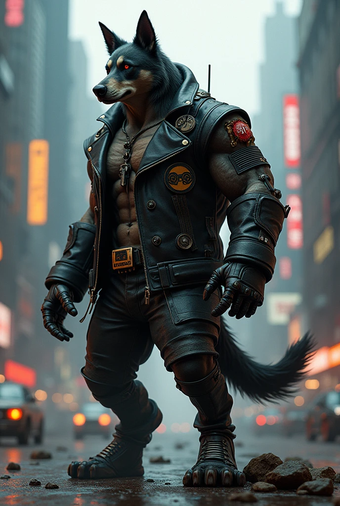 ((best quality)), ((ultra-detailed)), ((masterpiece)), photography, scene: spacious abandoned warehouse, theme: anthropomorphic animal mafia, character: dog, appearance: muscle building, action: combat posture, expression: fierce, holding a baseball bat, gold necklace, bare upper body, sports mafia tattoos, perspective: 4K.
