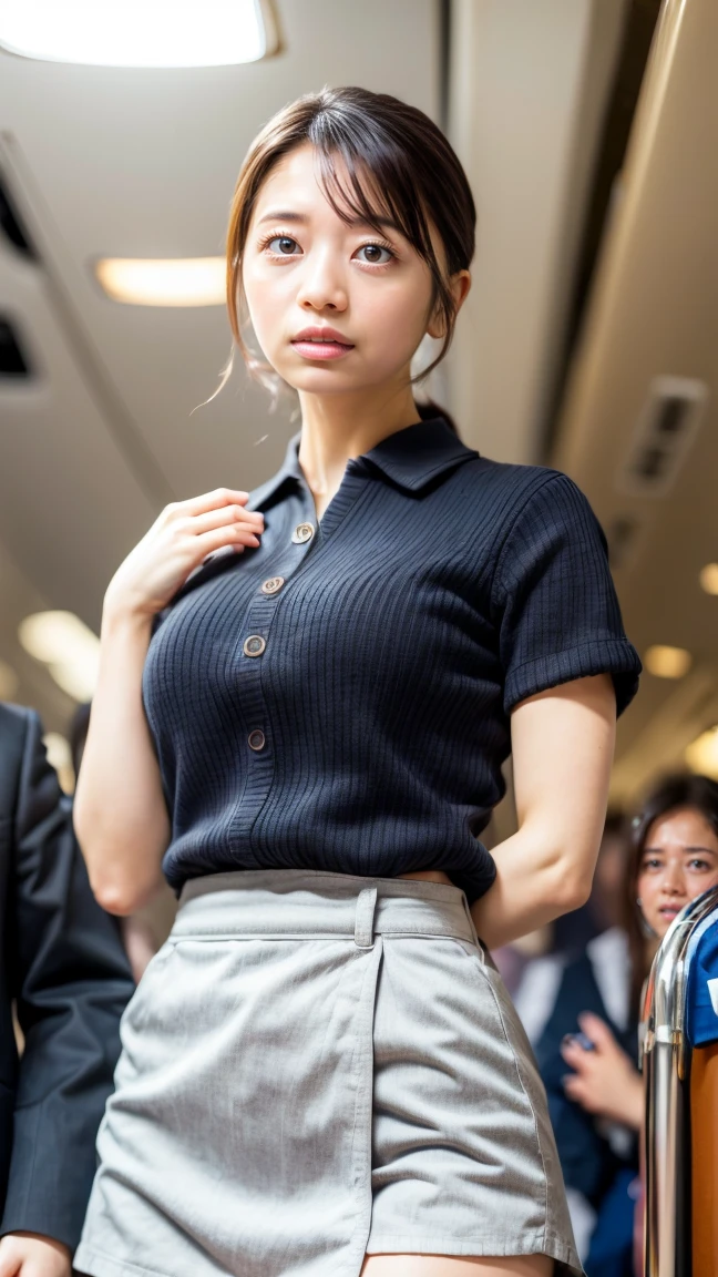 A beautiful, 24-year-old Japanese woman with perfect anatomy, healthy thighs, beautiful legs, beautiful skin, random hair color and style, large breasts, (wearing a flight attendant uniform with a mini-skirt:1.3), full body shot, pumps, carrying a suitcase, at the airport, (best quality,4k,8k,highres,masterpiece:1.3),(extremely detailed:1.2),realistic,photorealistic,photo-realistic:1.37,professional,vivid colors, studio lighting, sakuradahiyori