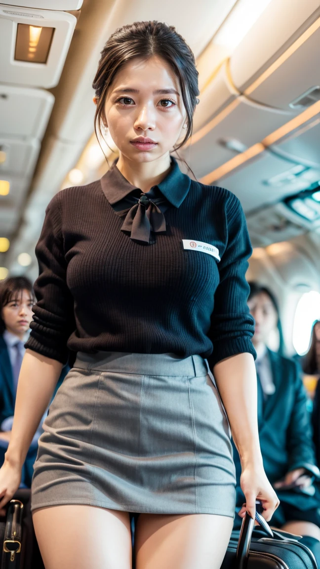 A beautiful, 24-year-old Japanese woman with perfect anatomy, healthy thighs, beautiful legs, beautiful skin, random hair color and style, large breasts, (wearing a flight attendant uniform with a mini-skirt:1.3), full body shot, pumps, carrying a suitcase, at the airport, (best quality,4k,8k,highres,masterpiece:1.3),(extremely detailed:1.2),realistic,photorealistic,photo-realistic:1.37,professional,vivid colors, studio lighting, sakuradahiyori