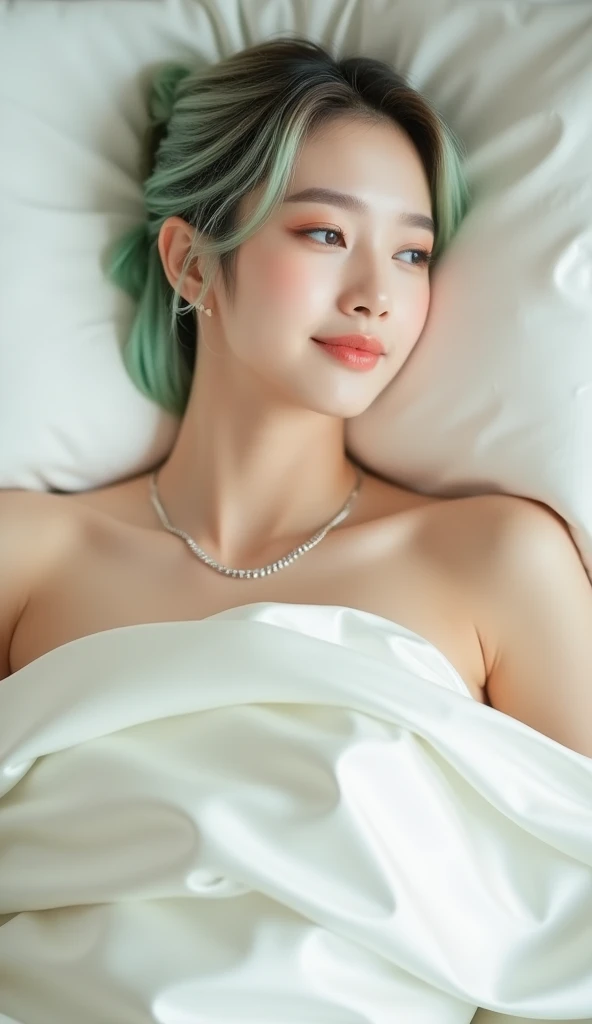 The camera captures an overhead shot, an modern apartment bedroom. Korean celebrity woman lying, revealing her entire body comfortably tucked under a smooth, luxurious white satin blanket that glistens softly under the warm, . Her serene face peeks out from the edge of the blanket, her platinum neon-greenhair framing her features as she lies peacefully on the bed. Suddenly, a subtle sound is heard, and the satin blanket ripples slightly near the lower half of her body. The gentle vibration is visible through the smooth fabric, adding a humorous and lighthearted touch to the tranquil scene. The camera remains steady, maintaining the overhead view to showcase the entire moment.