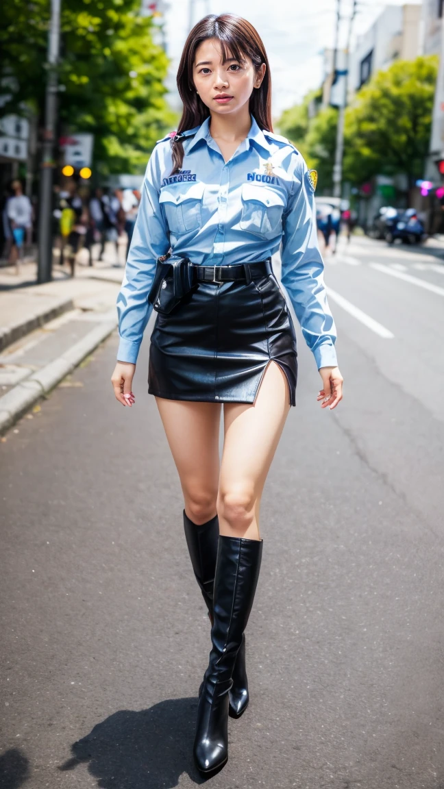 beautiful Japanese woman, 22 years old, perfect anatomy, healthy thighs, beautiful legs, beautiful skin, random hair color, random hairstyle, large breasts, female police officer, (Japanese police uniform:1.3), (miniskirt:1.3), full body shot, high heels, city street, (best quality, 4k, 8k, highres, masterpiece:1.3), (extremely detailed:1.2), sakuradahiyori