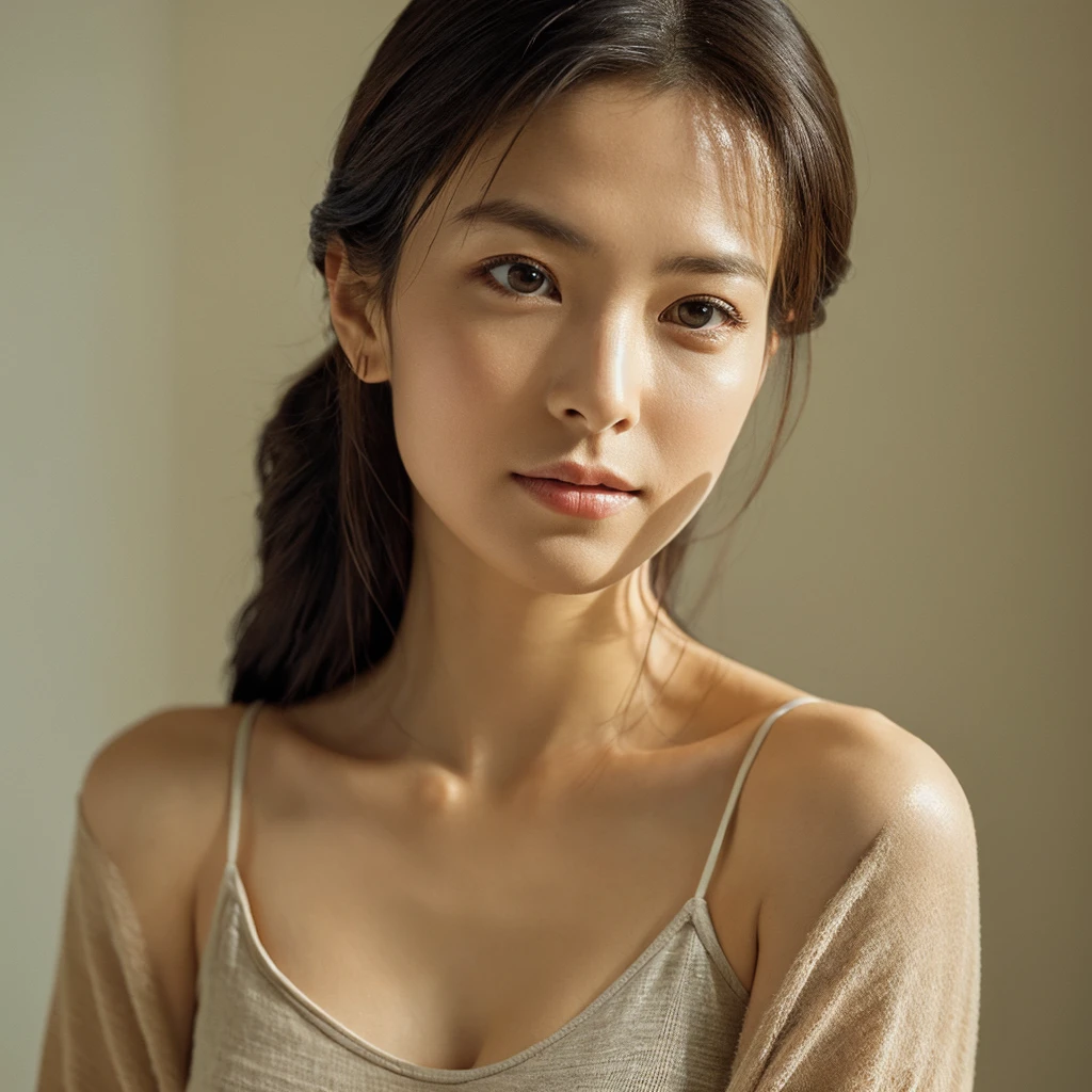 8K, of the highest quality, masutepiece:1.2), (Realistic, Photorealsitic:1.37), of the highest quality, masutepiece, Beautiful young Japan woman, Pensive expression, Thoughtful look, She is elegantly dressed in a white flared chiffon short dress, Flaxen hair tied back, Messy mood, Cinematic background, Tired, Slender body and light skin tone