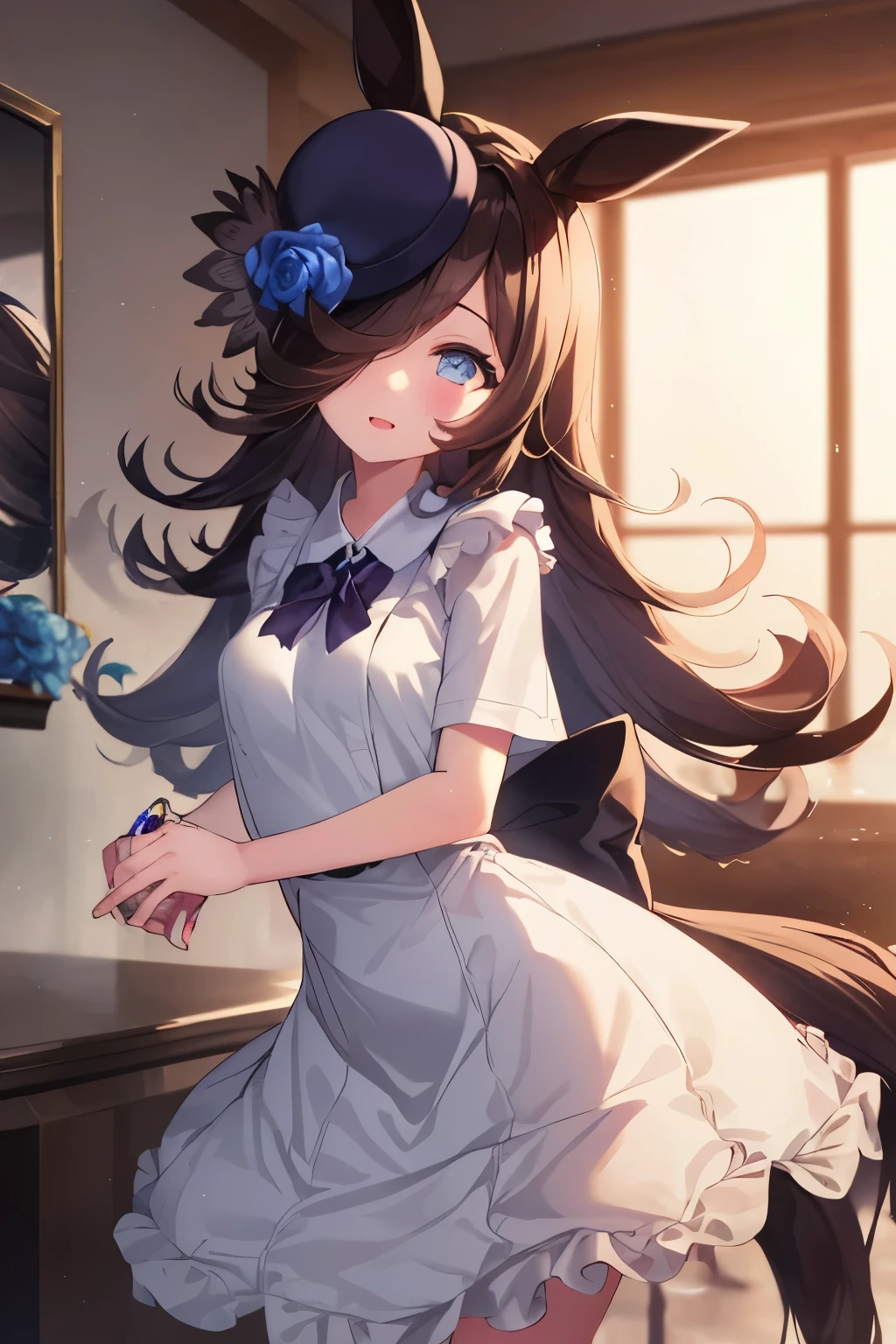 (Tabletop.Highest quality).(Dynamic Angle). (CG paintings with impressive detail),(Perfect Image)、Comic Strip.shape.1 Girl.Detailed face、Perfect Face.Delicate face、A girl in a delicate uniform、Rough skin、Black Hair.length、(Umamimi Girl)Umamimi Girl、((Beautiful Blue Eyes)).繊細でBeautiful Eyes、Beautiful Eyes、Reflected Eyes、smile.(Looking at the audience:1.3).(Face is a little red:0.8)、8k wallpaper、Cowboy Shot、reflected light、Most detailed、Complex、The delicate background is outdoors、Girl sitting on a bench、Rough skin、Fine skin、(Super Resolution)、Wear a uniform
