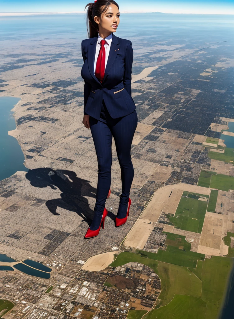 Giantess art 1:4, highly detailed giantess shots, giant bbw woman full body view, giga giantess, giantess art massive compared to a city,  huge breasts, light navy blue pinstriped suit white tailored shirt done up thick and very large Windsor knot navy blue tie Has ponytail   Wearing a pair of  red platform heels Professional attire A look of enjoyment, Beautiful appearance, smile,  (view from the ground)giga goddess, full body view, stepping on skyscarpers