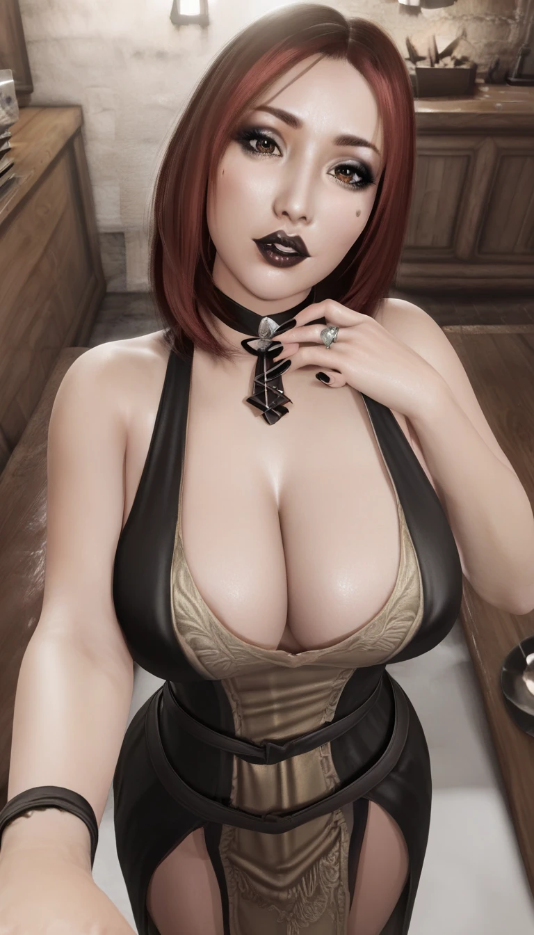 masterpiece, highest quality, highest resolution, distinct_image, detailed details) , 1 girl , 20's , young person , ( large breasts and large hips ), (attractive body, attractive face and attractive expressions and attractive eyes and attractive lips ) , ( soft hair and soft skin ) , light white skinned , one black mole on left eye , soft lips , black eyeshadow , black makeup , brown eyes , dark red hair ,black lips , black fingernails , attractive women , attractive girl , big bright eyes , bronze ring , ring , on medieval poor hotel , dark souls 2 , emerald herald , poorly medieval dress , pov , looking at the viewer , ( disgusting and disappointed facial expressions )  , (  holding debt paper to the viewer) , 