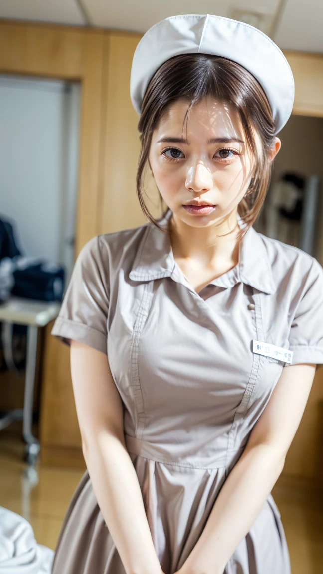 a beautiful young 24-year-old Japanese woman, beautiful, detailed anatomy, beautiful skin, random hair color and hairstyle, big breasts, nurse hat, (nurse uniform:1.3), nurse cap, full body shot, high heels, hospital, (best quality,8k, masterpiece:1.3), (extremely detailed:1.2), sakuradahiyori