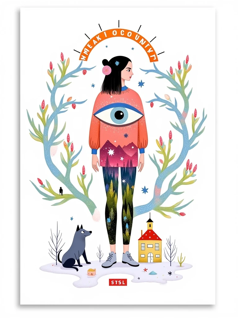 Please, generate Tarot card wallpapers backside , by mixing the following elements : only a big beautiful female eye that reflects the dark forest, Magic forest, the head of the gray wolf , house, lots of patterns around , that are mixed to create a single image to show, but which is not represented by people , and more graphically , as if it were a collage on a board with each card separately