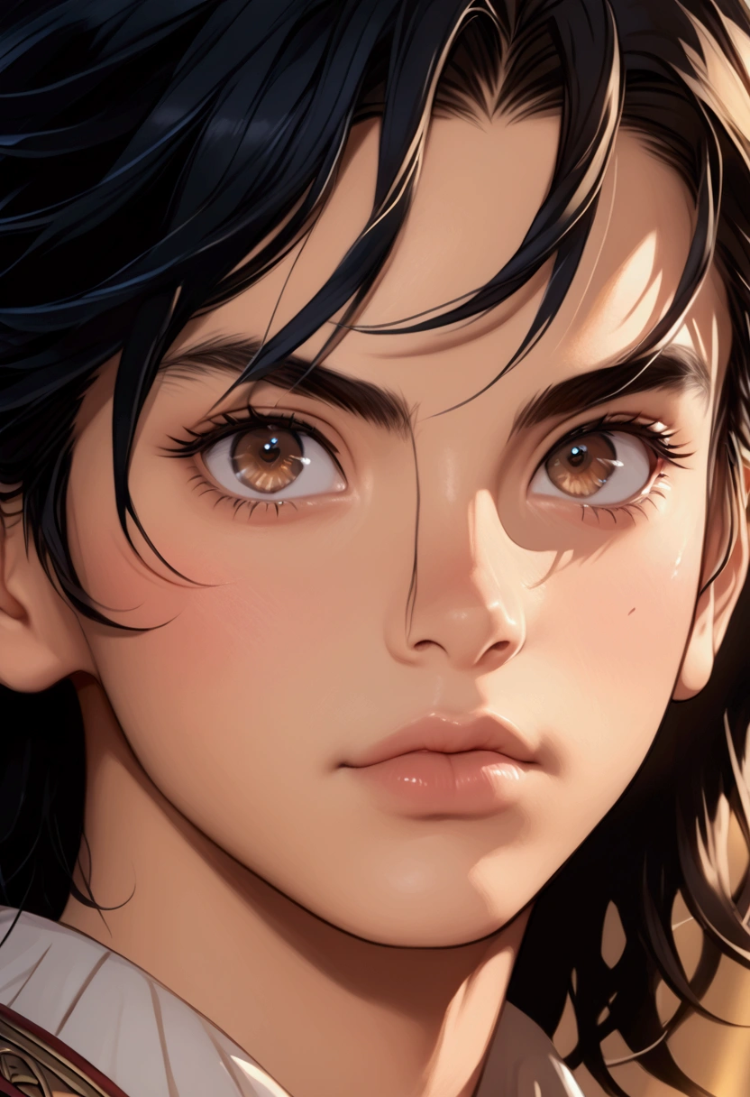 a tall teenager, fair skin with eyebags, black hair, blue highlights, semi-long hair,black nail, light brown eyes, peachy lips, slight furrowed eyebrows, slight perspective, (best quality,4k,8k,highres,masterpiece:1.2),ultra-detailed,(digital anime drawing1.37),portrait,dramatic lighting,warm color tones,high contrast