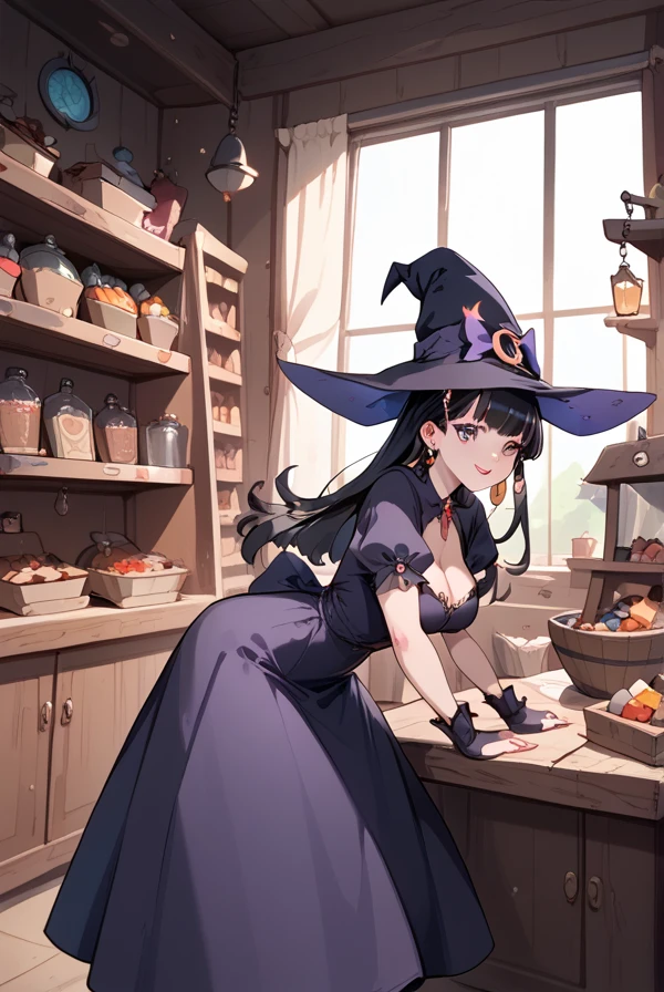 Black hair, long hair, witch, witch's shop, witch's pharmacy, witch tending the shop