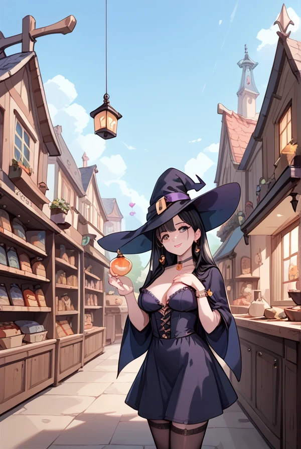 Black hair, long hair, witch, witch's shop, witch's pharmacy, witch tending the shop