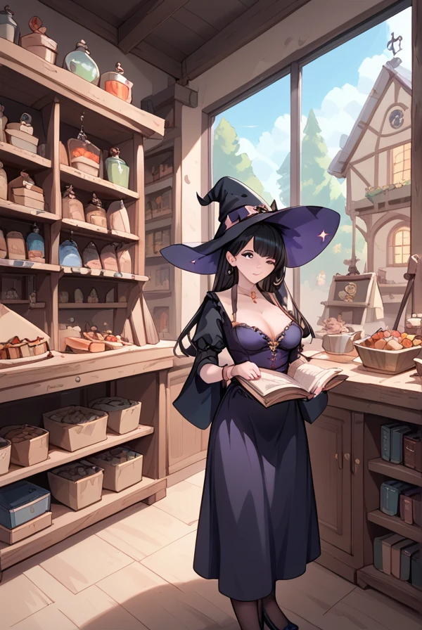 Black hair, long hair, witch, witch's shop, witch's pharmacy, witch tending the shop