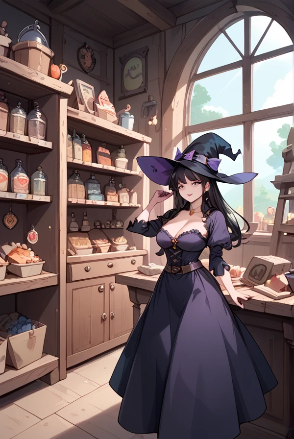 Black hair, long hair, witch, witch's shop, witch's pharmacy, witch tending the shop