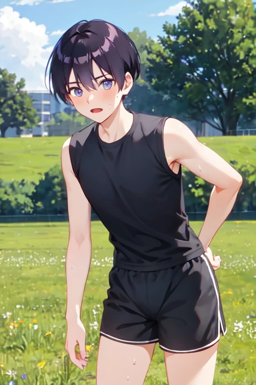 １５age　 one boy with w　Anxious expression　Black shorts　 black sleeveless shirt similar to field background　 sweaty