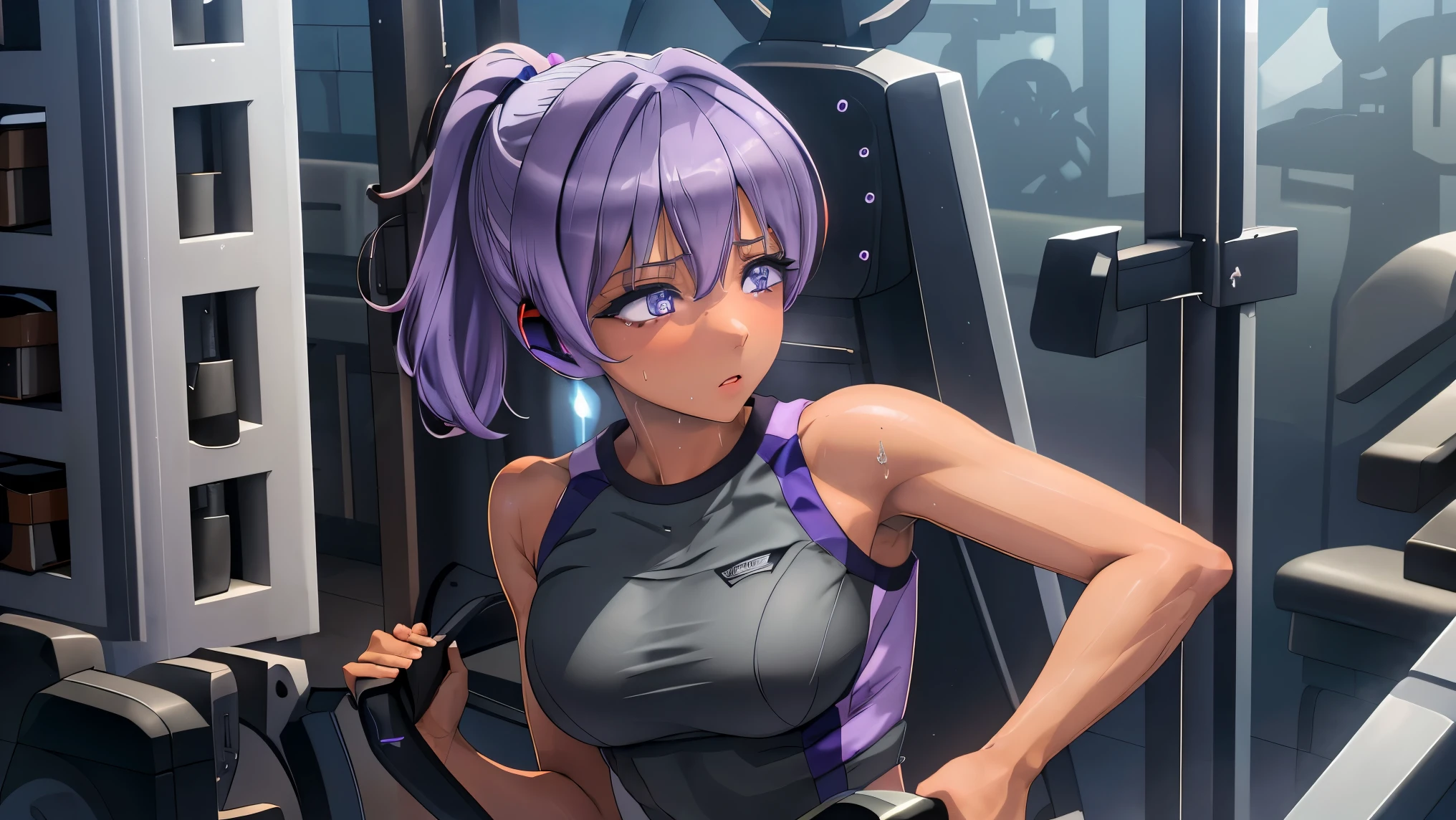 8k, masterpiece, hayatedol, 1girl, (solo:1.3), detailed blue eyes, purple hair, dark-skinned female, dark skin, ponytail, medium breasts, short hair, (gym wear:1.3), training, true wireless earphone, running machine, sweat, dynamic light, morning, dynamic angle