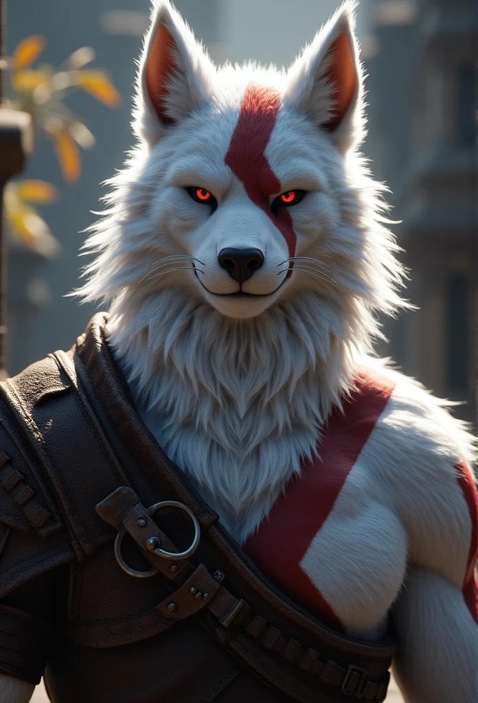 High quality, masterpiece, digital media (artwork), ultra-high resolution, highly detailed fur and face, focusing on a solo furry male. Intricately detailed eyes with bright red pupils and white sclera, illuminated by volumetric lighting for an amazing, atmospheric effect. Cowboy shot capturing the character from the back, wearing a cloak that drapes over his muscular upper body. White fur, with a striking red scar, showcasing finely detailed textures. A bright, intense atmosphere with vivid lighting. Styled in the epic, gritty aesthetic of God of War (2005), emphasizing the character’s strength and fierce presence.