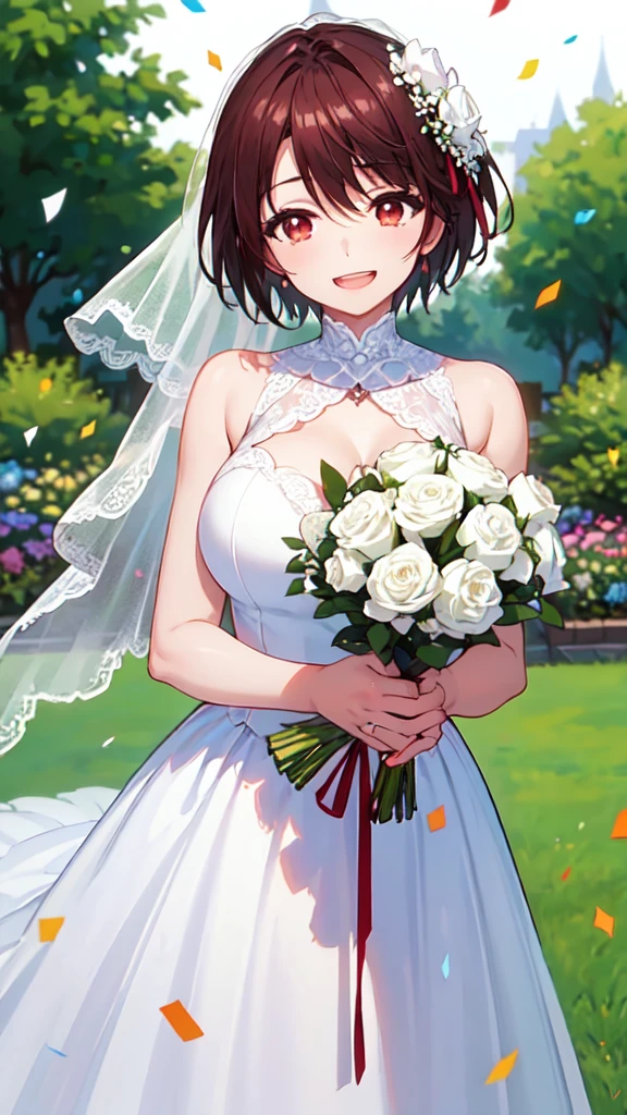 masterpiece, best quality, girl, solo, looking at viewer, yuuta_kadowaki, large breasts, wedding Dress, standing, garden, confetti, holding bouquet, smile, open mouth,