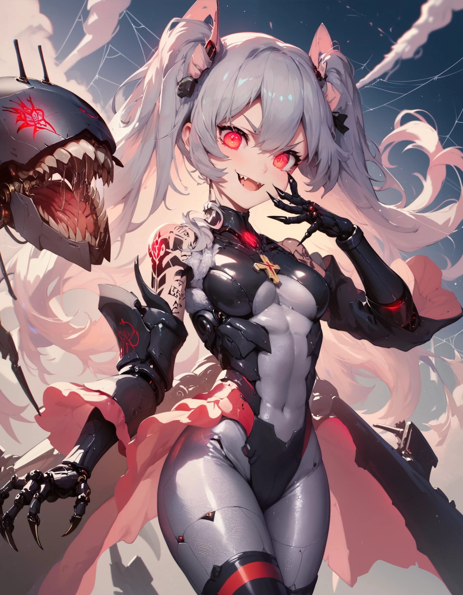 Mechanical Weapon Girl. （Upper body close-up image）(Sit on the throne)（Mechanical Fang）Full body bodysuit. Latex. Cyber wind. Light armor. spider tattoo near his eye and black mucus dripping down his cheek. look of contempt. Grey hair. Glowing red eyes. Glowing core. mechanical Kaijyu in the background. large sharp claws. Red and black machine. Battleship. Cross legs. Arms crossed. swarm of mechanical insects.
