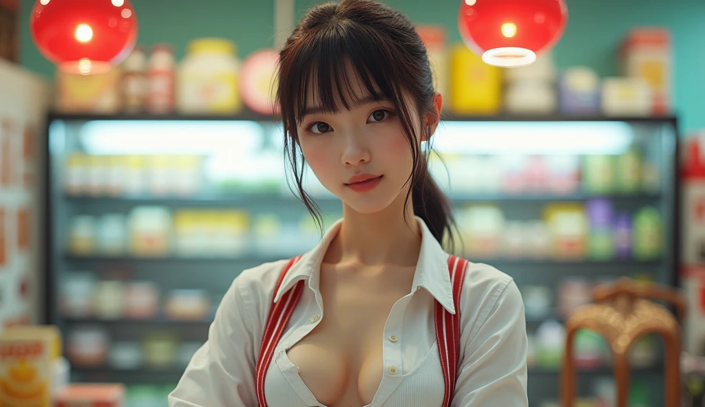 Exposed nipples、Exposed underwear、Convenience store clerk、cash register、Customer service training for convenience store clerks、Wearing a uniform、24-hour convenience store：Daily life of a night shift clerk。Photorealistic images of solo idols, Morning Musume inspired by Eri Kamei, Radiates charm and beauty with plenty of bust and subtle exposure of cleavage. The image is、Must reflect a real person of the highest quality, Powered by Ultra-HD (16 K) resolution, crisp detail, Vivid colors, Dynamic Range, Soft bokeh, Fine texture, Realistic realism, Pin Sharp Focus. The scenario is a market research activity at night, Lighting is、Face that is、In the glow of city lights、It's the soft glow of a computer screen. The camera setup is、Nikon D850 and NIKKOR Z 58mm Boobs Boobs Boobs Boobs F。/0.95 S Noct lens,  The setting must be ISO 64, F/0.95, Shutter speed is 1/60、Enhance the vivid colors and dynamic range of the office scene at night. --ar 16:9 - V5.1 --Style raw --Q 2 --S 750
